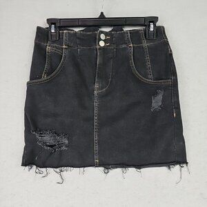 Free People Denim Mini Skirt Womens 4 Black Distressed Boho Chic Fairy Grunge